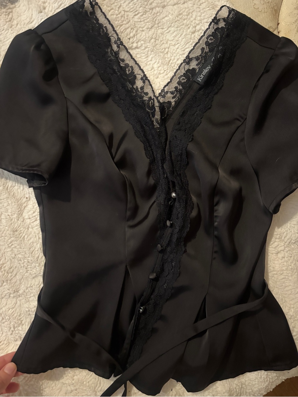 Black Lace-Trim Satin Wrap Top